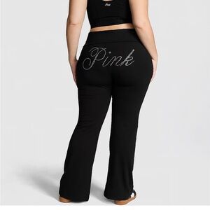 Pink bedazzled fold over flared leggings